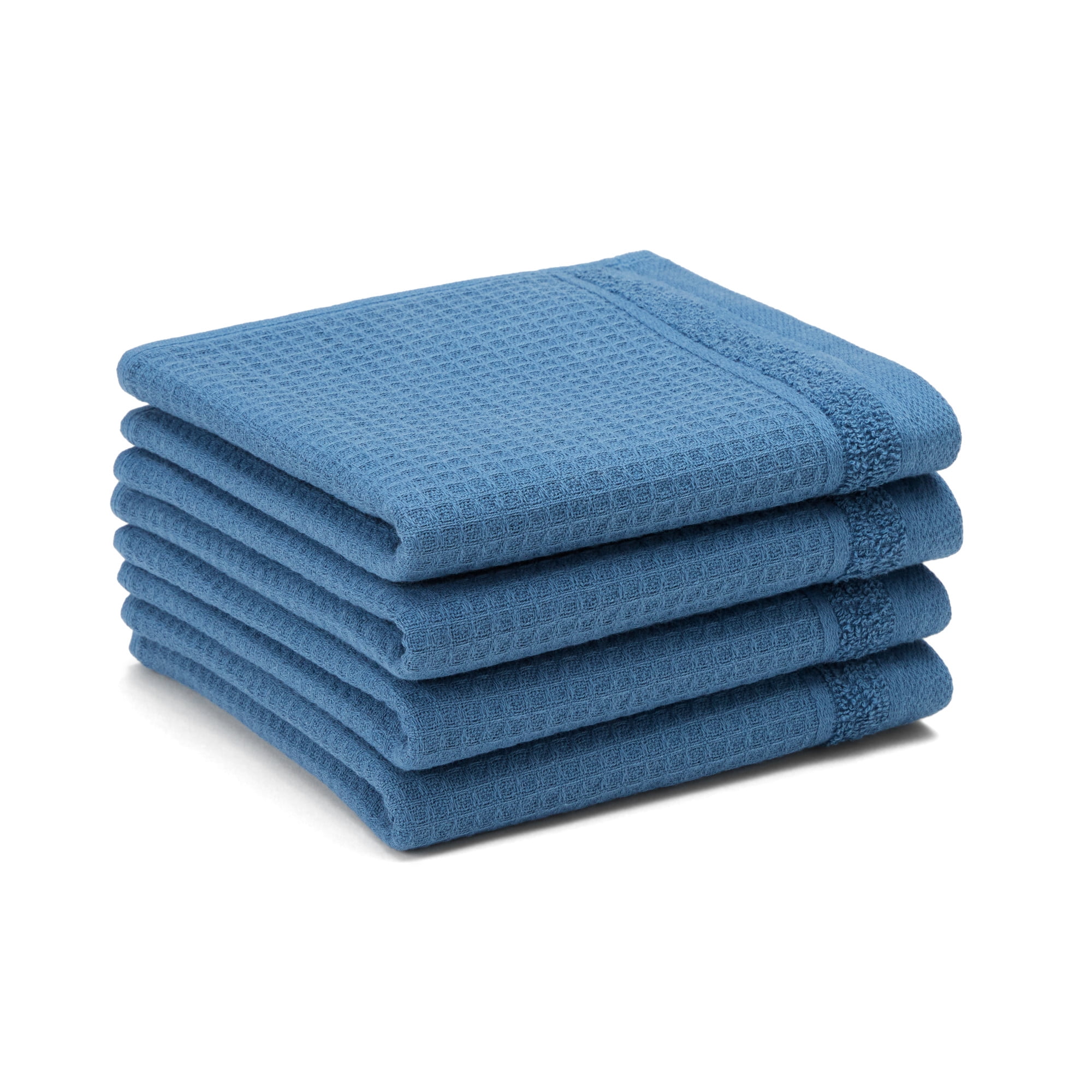 TOWN & COUNTRY BASICS 4-Piece Waffle Woven Terry Stripe Washcloth Set, 13"x13", 100% Cotton, Quick Dry, Blue