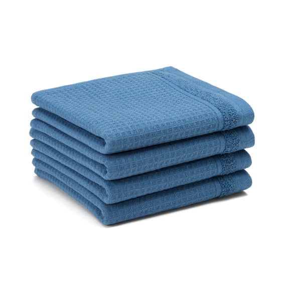 TOWN & COUNTRY BASICS 4-Piece Waffle Woven Terry Stripe Washcloth Set, 13"x13", 100% Cotton, Quick Dry, Blue