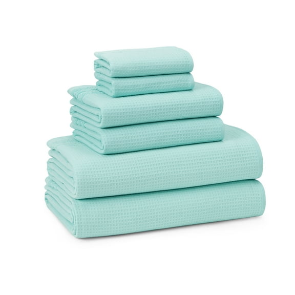 TOWN & COUNTRY BASICS 6-Piece Assorted Waffle Woven Terry Stripe Set, 2 Bath Towel, 2 Hand Towel, 2 Washcloth, 100% Cotton, Quick Dry, Aqua
