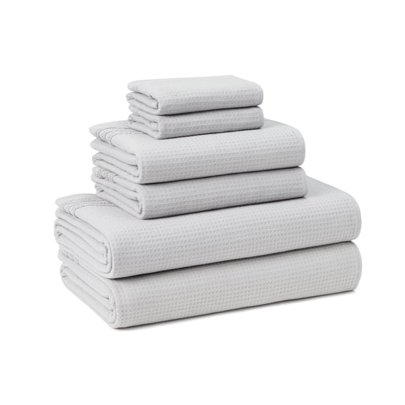 TOWN & COUNTRY BASICS 6-Piece Assorted Waffle Woven Terry Stripe Set, 2 Bath Towel, 2 Hand Towel, 2 Washcloth, 100% Cotton, Quick Dry, Gray