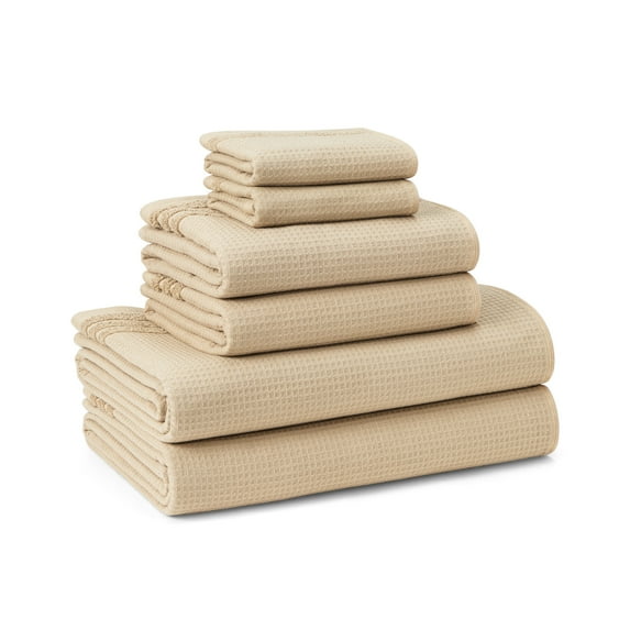 TOWN & COUNTRY BASICS 6-Piece Assorted Waffle Woven Terry Stripe Set, 2 Bath Towel, 2 Hand Towel, 2 Washcloth, 100% Cotton, Quick Dry, Taupe