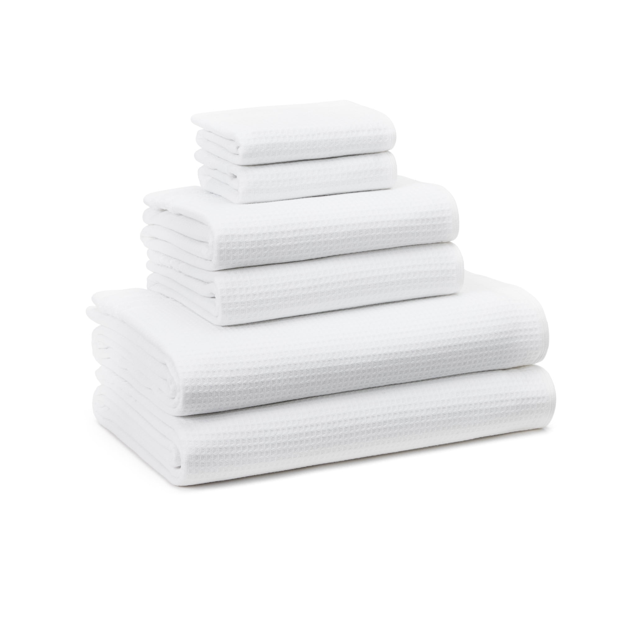 TOWN & COUNTRY BASICS 6-Piece Assorted Waffle Woven Terry Stripe Set, 2 Bath Towel, 2 Hand Towel, 2 Washcloth, 100% Cotton, Quick Dry, White