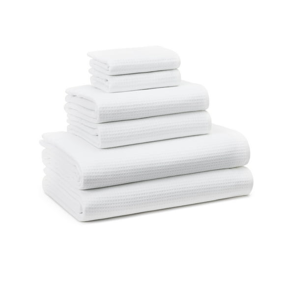 TOWN & COUNTRY BASICS 6-Piece Assorted Waffle Woven Terry Stripe Set, 2 Bath Towel, 2 Hand Towel, 2 Washcloth, 100% Cotton, Quick Dry, White
