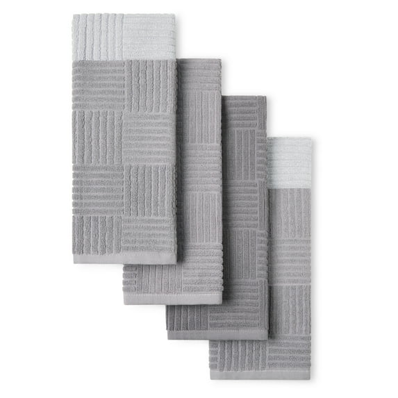 TOWN & COUNTRY BASICS Basketweave Antimicrobial Terrycloth Kitchen Towel 4-Pack Set, Absorbent 100% Cotton, Machine Washable, Grey, 16"x28"