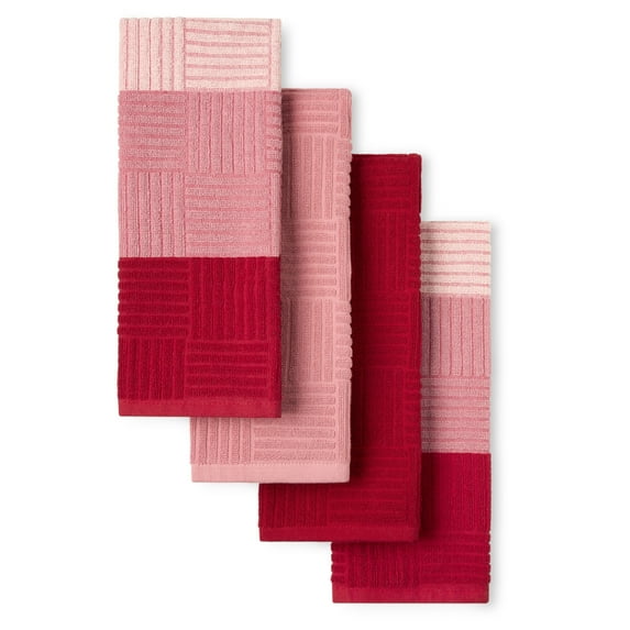 TOWN & COUNTRY BASICS Basketweave Antimicrobial Terrycloth Kitchen Towel 4-Pack Set, Absorbent 100% Cotton, Machine Washable, Red, 16"x28"