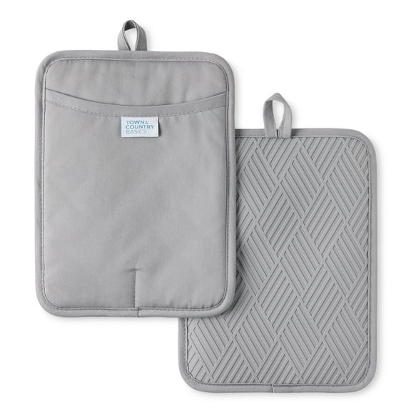 TOWN & COUNTRY BASICS Basketweave Soft Silicone Pot Holder 2-Pack Set, Heat Resistant up to 500F, Flexible Silicone, Non-Slip Grip, Grey, 7.5"x10"