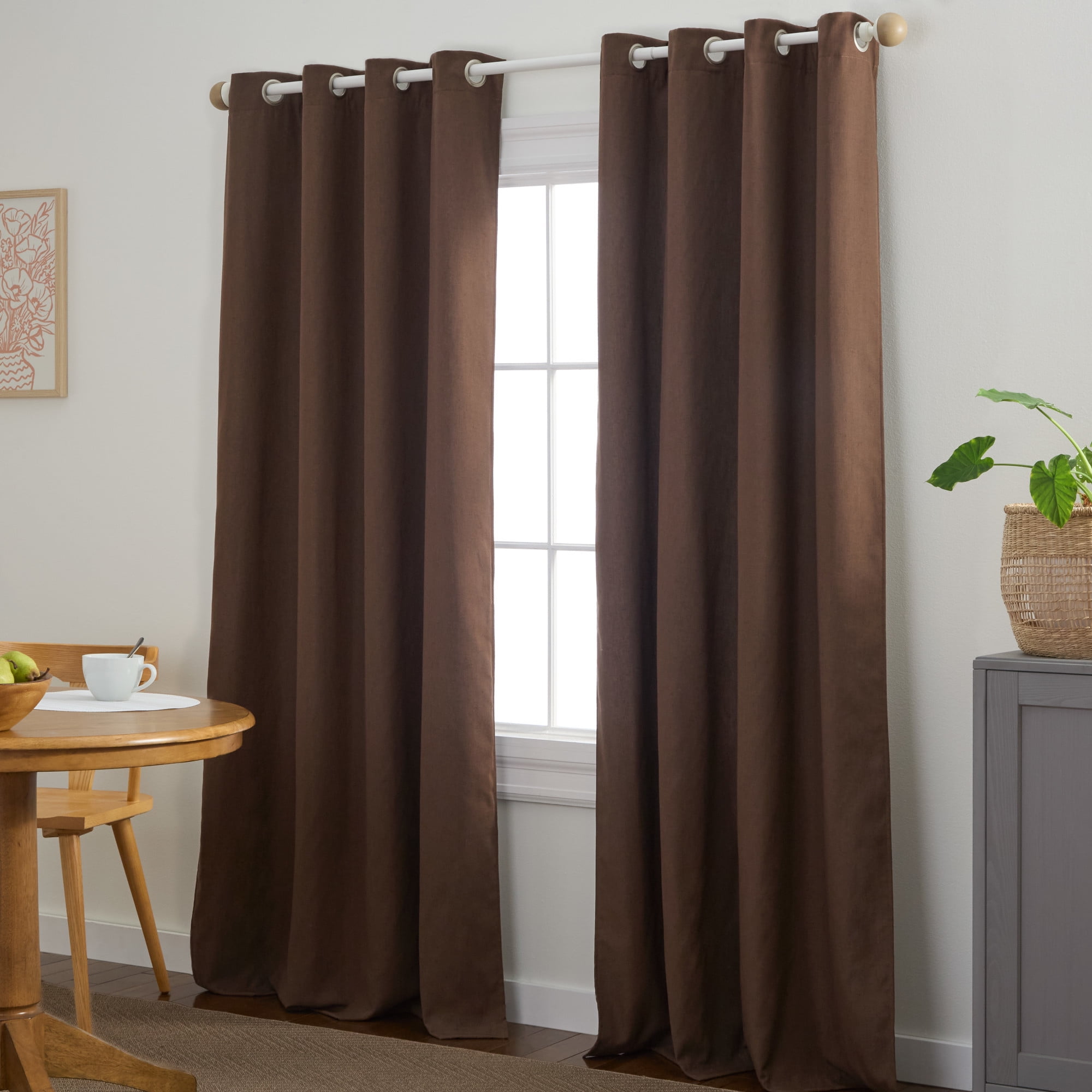 TOWN & COUNTRY BASICS Bertram Solid Linen Texture Indoor Curtains, Room Darkening with Energy Efficient Lining, Grommet Top, 2-Pack Set, Coffee Brown, 50"x96"