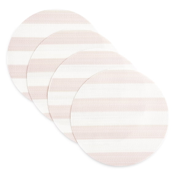 TOWN & COUNTRY BASICS Cabana Stripe Indoor Outdoor Placemats 4-Pack Set, Reversible and Easy Clean, Natural/White, 15" Round