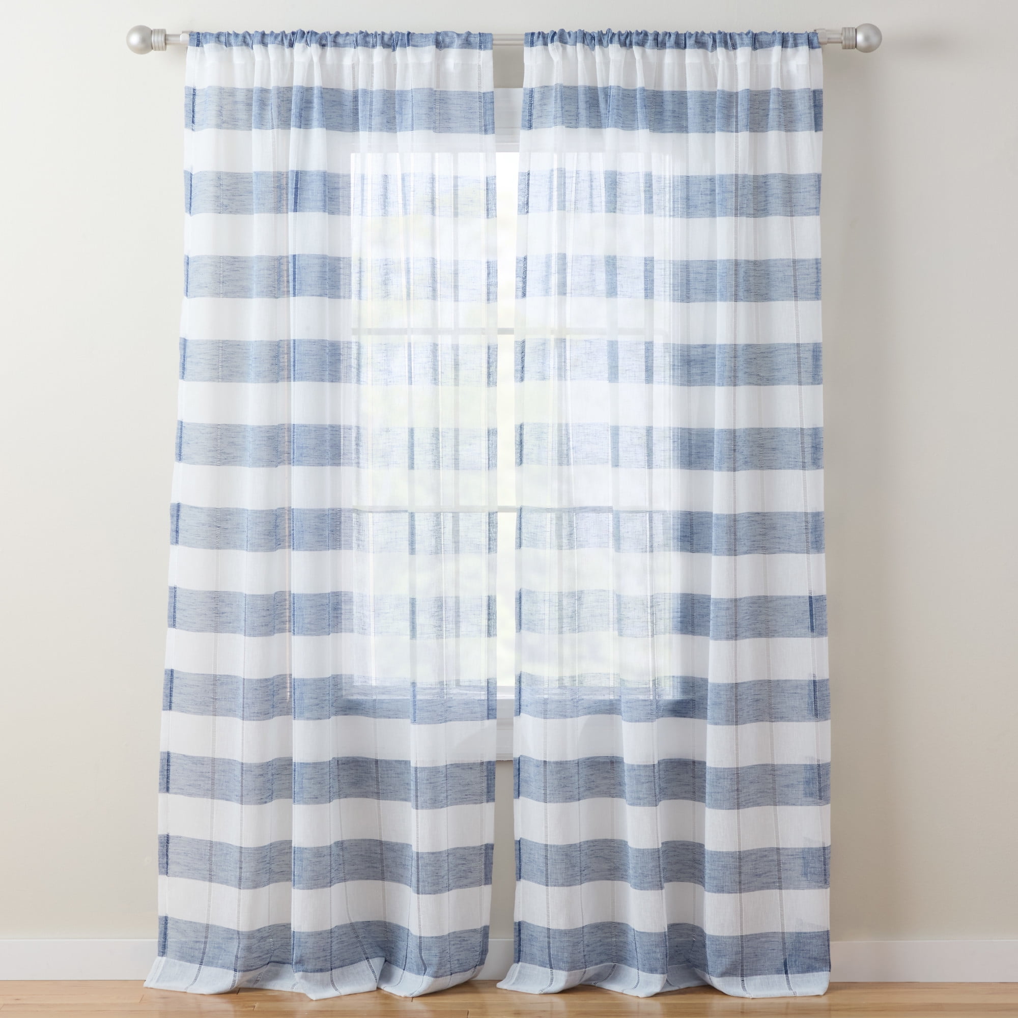 TOWN & COUNTRY BASICS Pax Semi-Sheer Stripe, Light Filtering Indoor Curtains 2-Pack Blue/White, 50"x96"