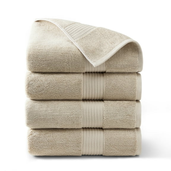 TOWN & COUNTRY EVERYDAY 4-Piece Solid Dobby Border Bath Towel Set, 30"x58", 100% Cotton, Plush & Absorbent 650GSM, Beige