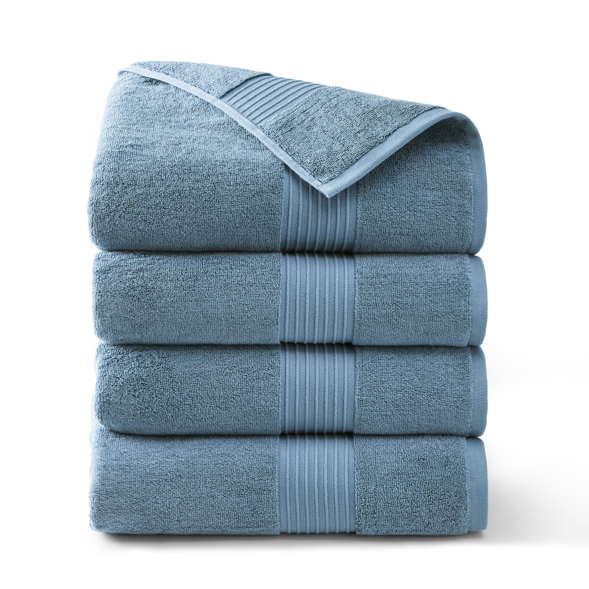 TOWN & COUNTRY EVERYDAY 4-Piece Solid Dobby Border Bath Towel Set, 30"x58", 100% Cotton, Plush & Absorbent 650GSM, Blue