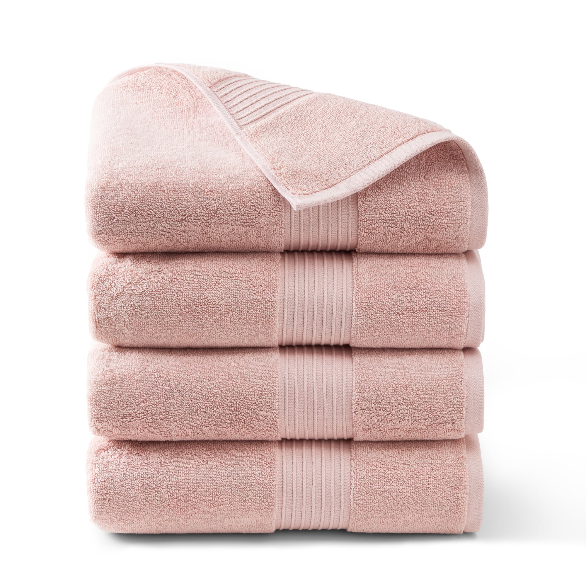 TOWN & COUNTRY EVERYDAY 4-Piece Solid Dobby Border Bath Towel Set, 30"x58", 100% Cotton, Plush & Absorbent 650GSM, Blush