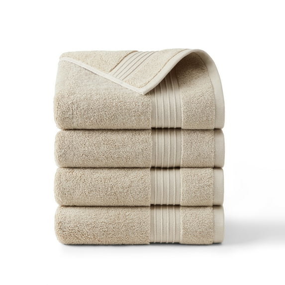 TOWN & COUNTRY EVERYDAY 4-Piece Solid Dobby Border Hand Towel Set, 20"x30", 100% Cotton, Plush & Absorbent 650GSM, Beige