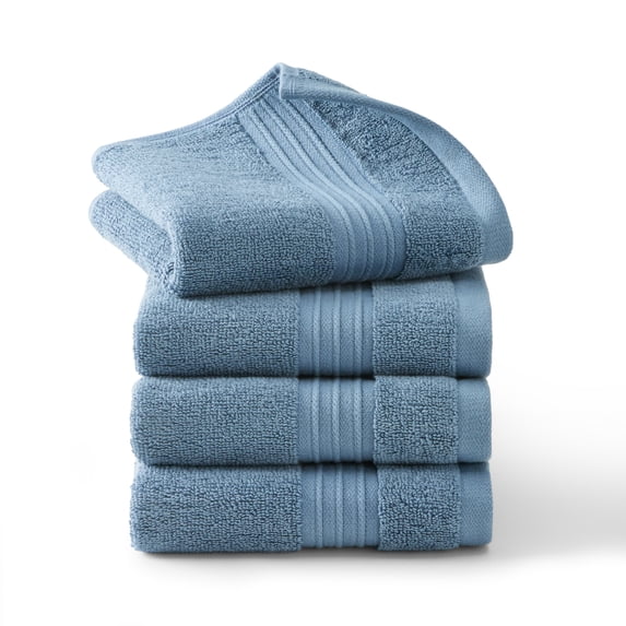 TOWN & COUNTRY EVERYDAY 4-Piece Solid Dobby Border Washcloth Set, 13"x13", 100% Cotton, Plush & Absorbent 650GSM, Blue