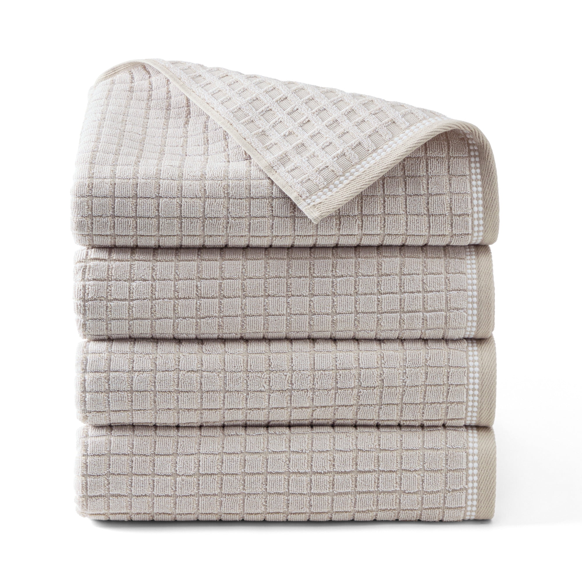 TOWN & COUNTRY EVERYDAY 4-Piece Textured Windowpane Bath Towel Set, 30"x58", 100% Cotton, Plush & Absorbent 550GSM, Beige