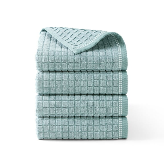 TOWN & COUNTRY EVERYDAY 4-Piece Textured Windowpane Hand Towel Set, 20"x30", 100% Cotton, Plush & Absorbent 550GSM, Aqua Blue