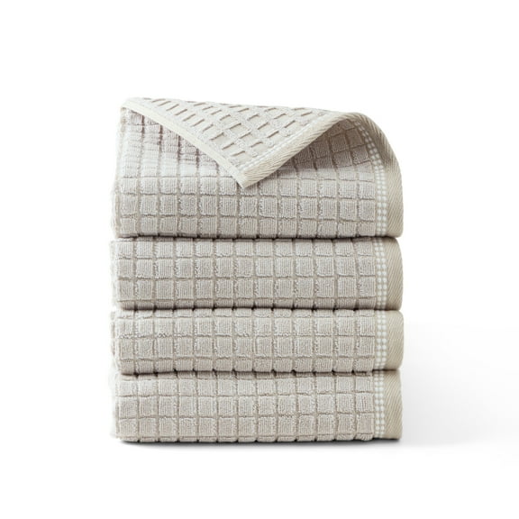 TOWN & COUNTRY EVERYDAY 4-Piece Textured Windowpane Hand Towel Set, 20"x30", 100% Cotton, Plush & Absorbent 550GSM, Beige