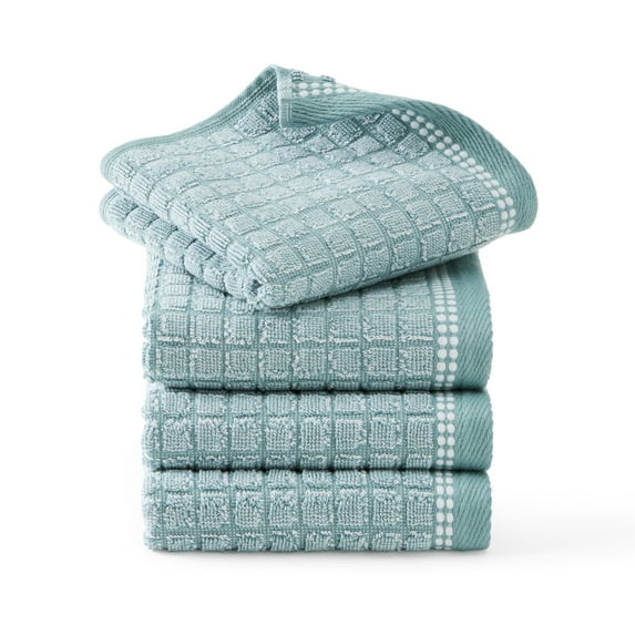 TOWN & COUNTRY EVERYDAY 4-Piece Textured Windowpane Washcloth Set, 13"x13", 100% Cotton, Plush & Absorbent 550GSM, Aqua Blue
