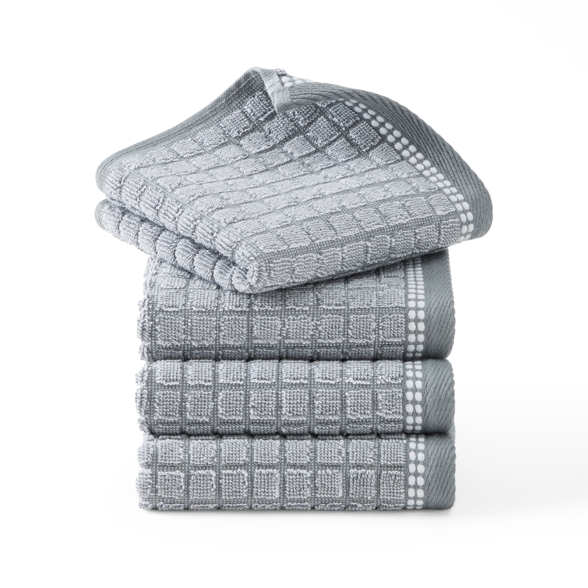 TOWN & COUNTRY EVERYDAY 4-Piece Textured Windowpane Washcloth Set, 13"x13", 100% Cotton, Plush & Absorbent 550GSM, Grey