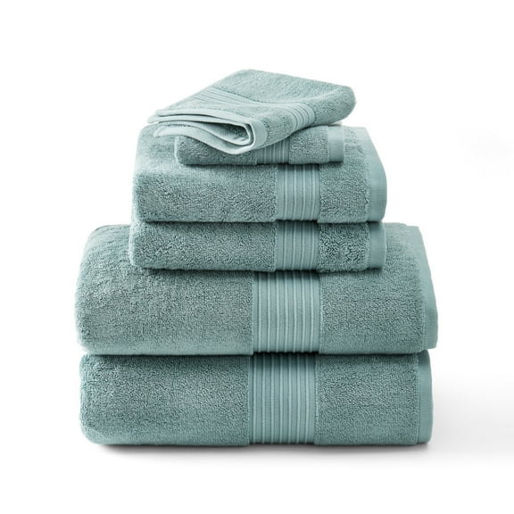 TOWN & COUNTRY EVERYDAY 6-Piece Assorted Solid Dobby Border Set, 2-Bath Towels, 2-Hand Towels, 2-Washcloths, 100% Cotton, Plush & Absorbent 650GSM, Aqua Blue