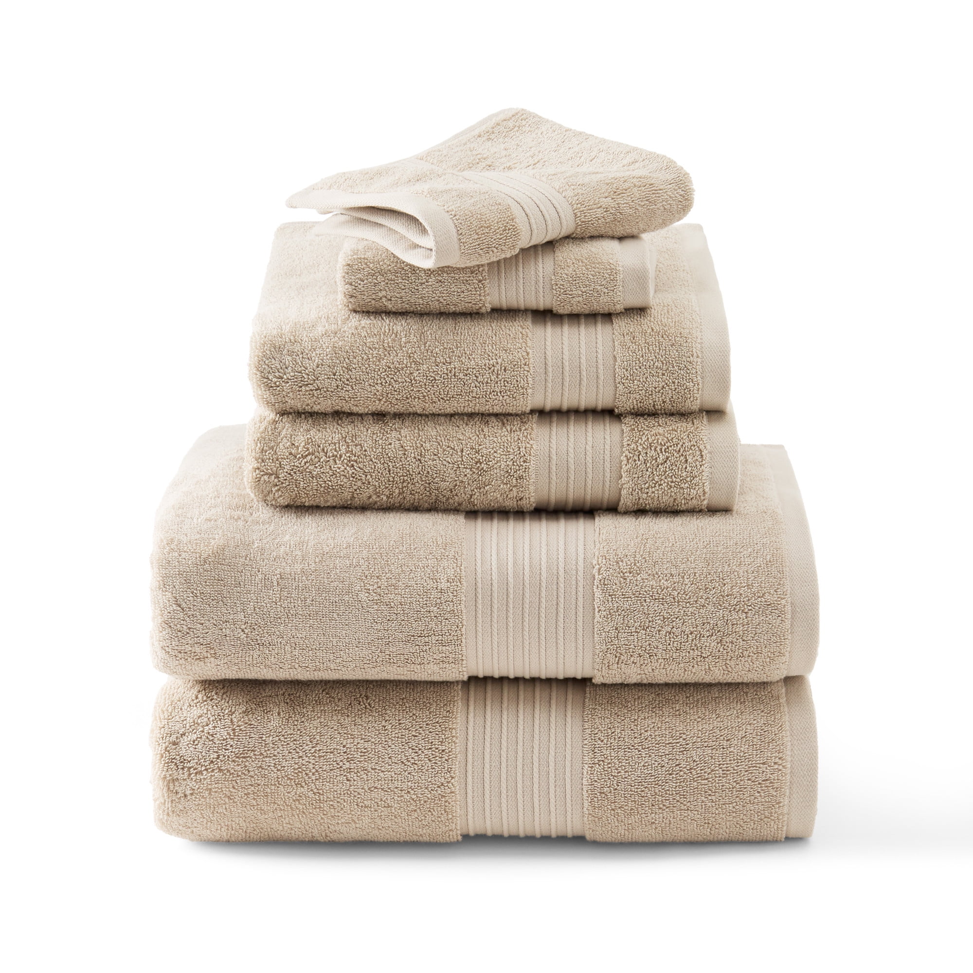 TOWN & COUNTRY EVERYDAY 6-Piece Assorted Solid Dobby Border Set, 2-Bath Towels, 2-Hand Towels, 2-Washcloths, 100% Cotton, Plush & Absorbent 650GSM, Beige