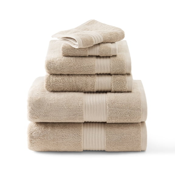 TOWN & COUNTRY EVERYDAY 6-Piece Assorted Solid Dobby Border Set, 2-Bath Towels, 2-Hand Towels, 2-Washcloths, 100% Cotton, Plush & Absorbent 650GSM, Beige