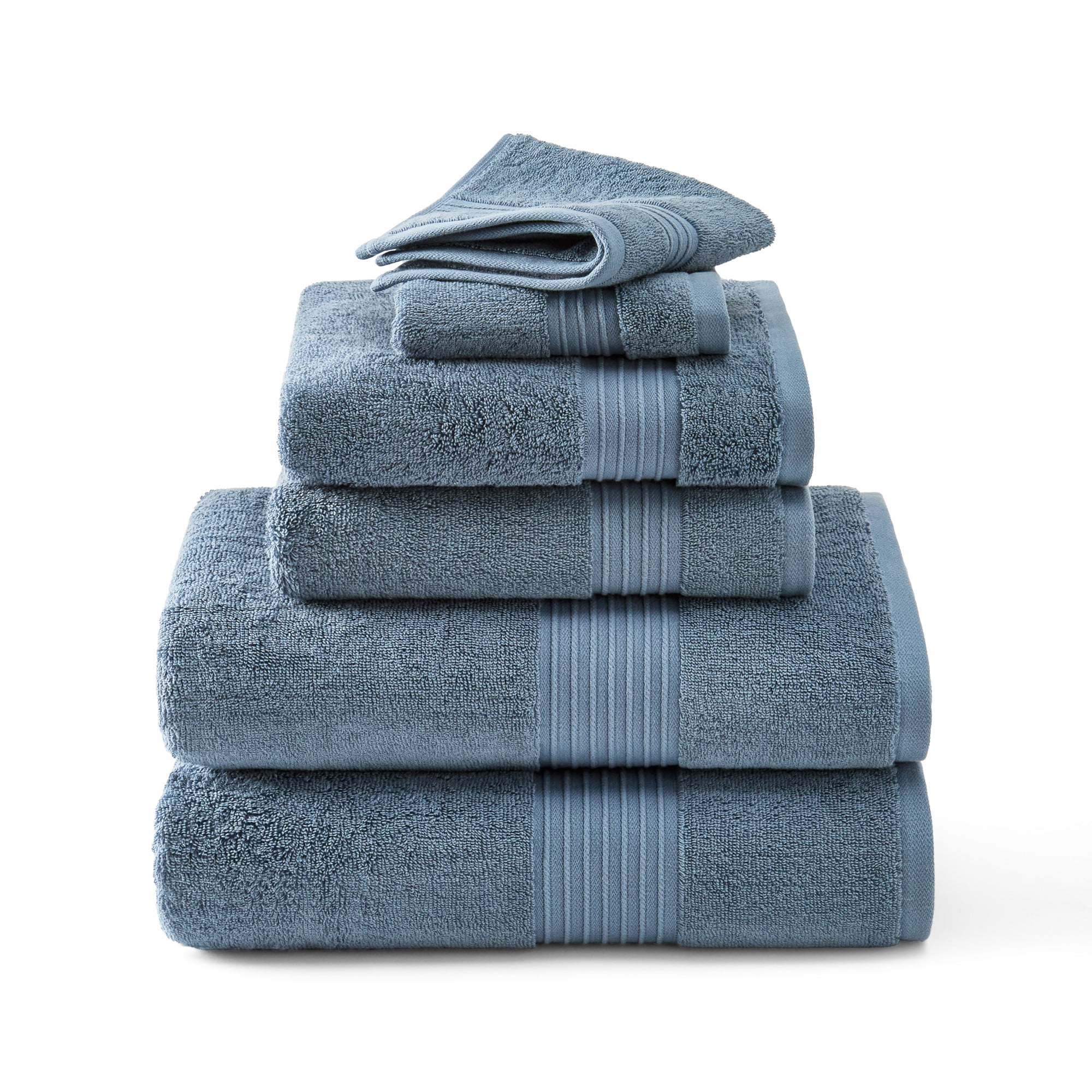 TOWN & COUNTRY EVERYDAY 6-Piece Assorted Solid Dobby Border Set, 2-Bath Towels, 2-Hand Towels, 2-Washcloths, 100% Cotton, Plush & Absorbent 650GSM, Blue