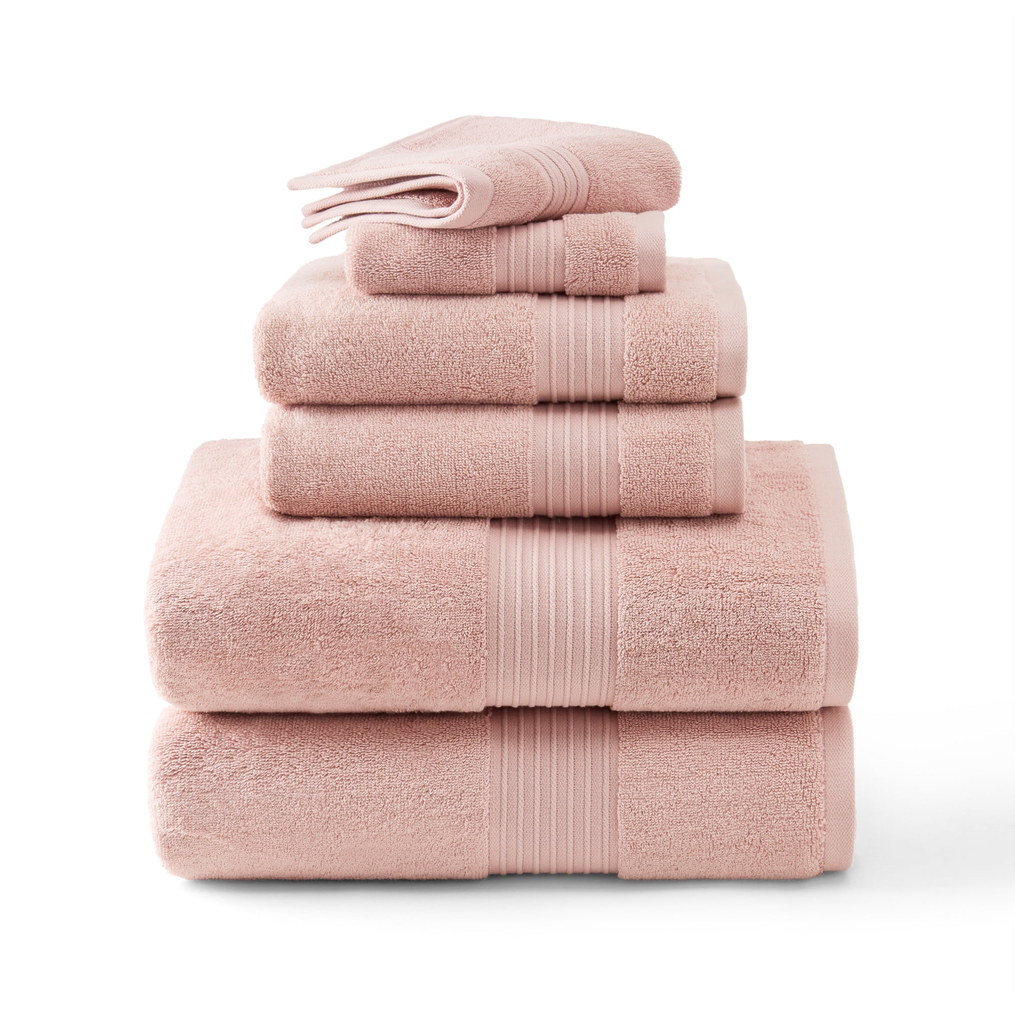 TOWN & COUNTRY EVERYDAY 6-Piece Assorted Solid Dobby Border Set, 2-Bath Towels, 2-Hand Towels, 2-Washcloths, 100% Cotton, Plush & Absorbent 650GSM, Blush