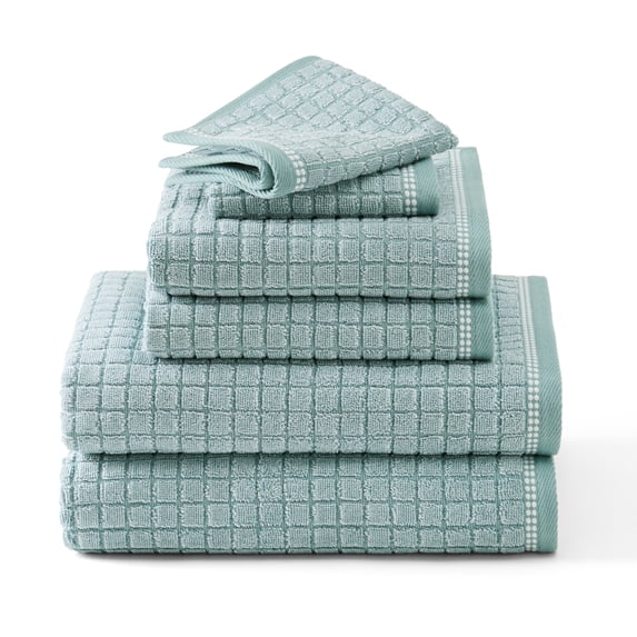 TOWN & COUNTRY EVERYDAY 6-Piece Textured Windowpane Set, 2-Bath Towels, 2-Hand Towels, 2-Washcloths, 100% Cotton, Plush & Absorbent 550GSM, Aqua Blue