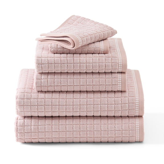 TOWN & COUNTRY EVERYDAY 6-Piece Textured Windowpane Set, 2-Bath Towels, 2-Hand Towels, 2-Washcloths, 100% Cotton, Plush & Absorbent 550GSM, Blush