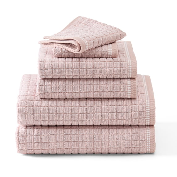 TOWN & COUNTRY EVERYDAY 6-Piece Textured Windowpane Set, 2-Bath Towels, 2-Hand Towels, 2-Washcloths, 100% Cotton, Plush & Absorbent 550GSM, Blush