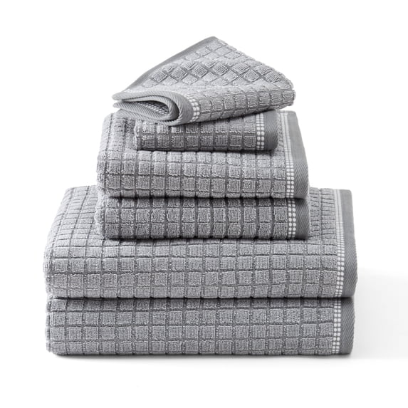 TOWN & COUNTRY EVERYDAY 6-Piece Textured Windowpane Set, 2-Bath Towels, 2-Hand Towels, 2-Washcloths, 100% Cotton, Plush & Absorbent 550GSM, Grey