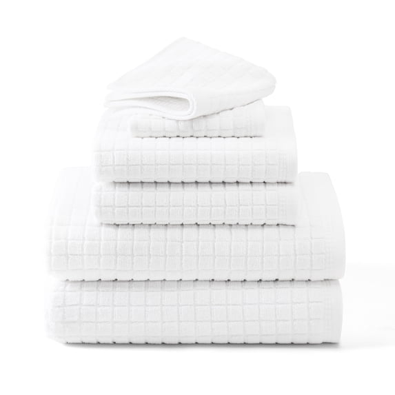 TOWN & COUNTRY EVERYDAY 6-Piece Textured Windowpane Set, 2-Bath Towels, 2-Hand Towels, 2-Washcloths, 100% Cotton, Plush & Absorbent 550GSM, White