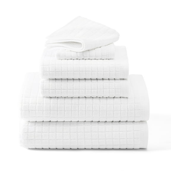TOWN & COUNTRY EVERYDAY 6-Piece Textured Windowpane Set, 2-Bath Towels, 2-Hand Towels, 2-Washcloths, 100% Cotton, Plush & Absorbent 550GSM, White