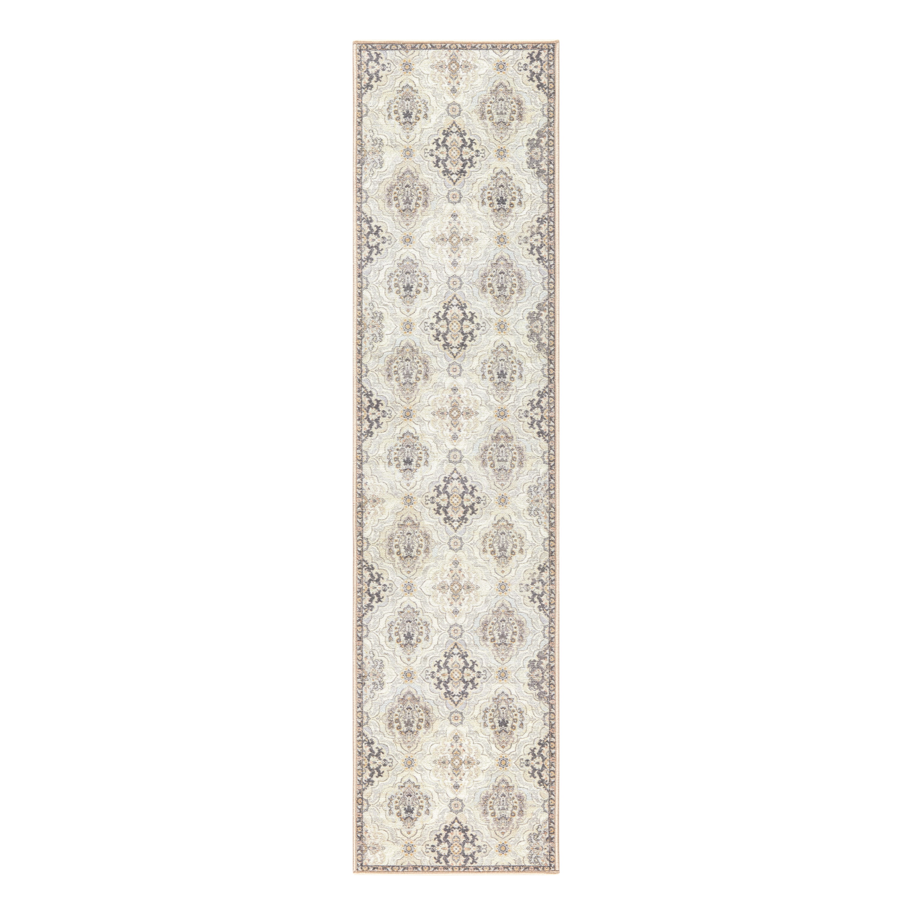 Beige Tufted Medallion Washable Runner Rug with Non-Slip Backing