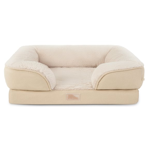 TOWN & COUNTRY EVERYDAY CuddleTown Comfy Solid Bolster Sofa Pet Bed, Supportive & Calming Egg Crate Foam, Water Repellent, Non-Slip Bottom, Machine Washable Cover, Beige, Medium 28"x23"x8"