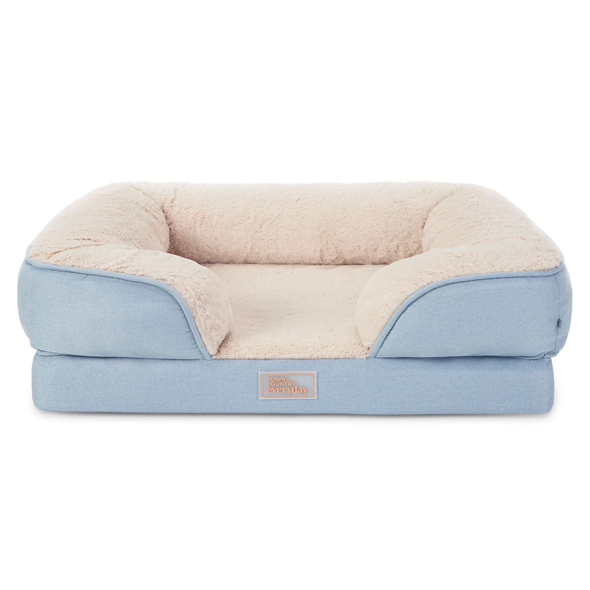 Large Cream and Blue Bolster Sofa Pet Bed with Egg Crate Foam
