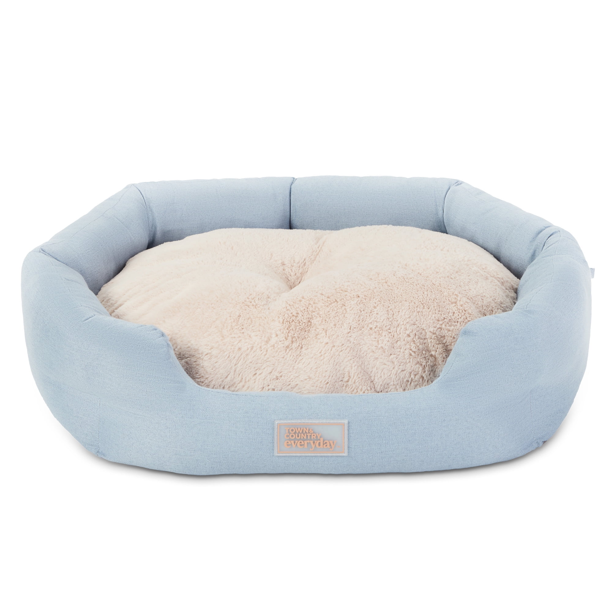 TOWN & COUNTRY EVERYDAY CuddleTown Faux Linen Comfy Cozy Cuddler Pet Bed, Supportive & Calming Egg Crate Foam, Water Repellent, Non-Slip Bottom, Machine Washable Cover, Blue, Medium 28"x26"x8"