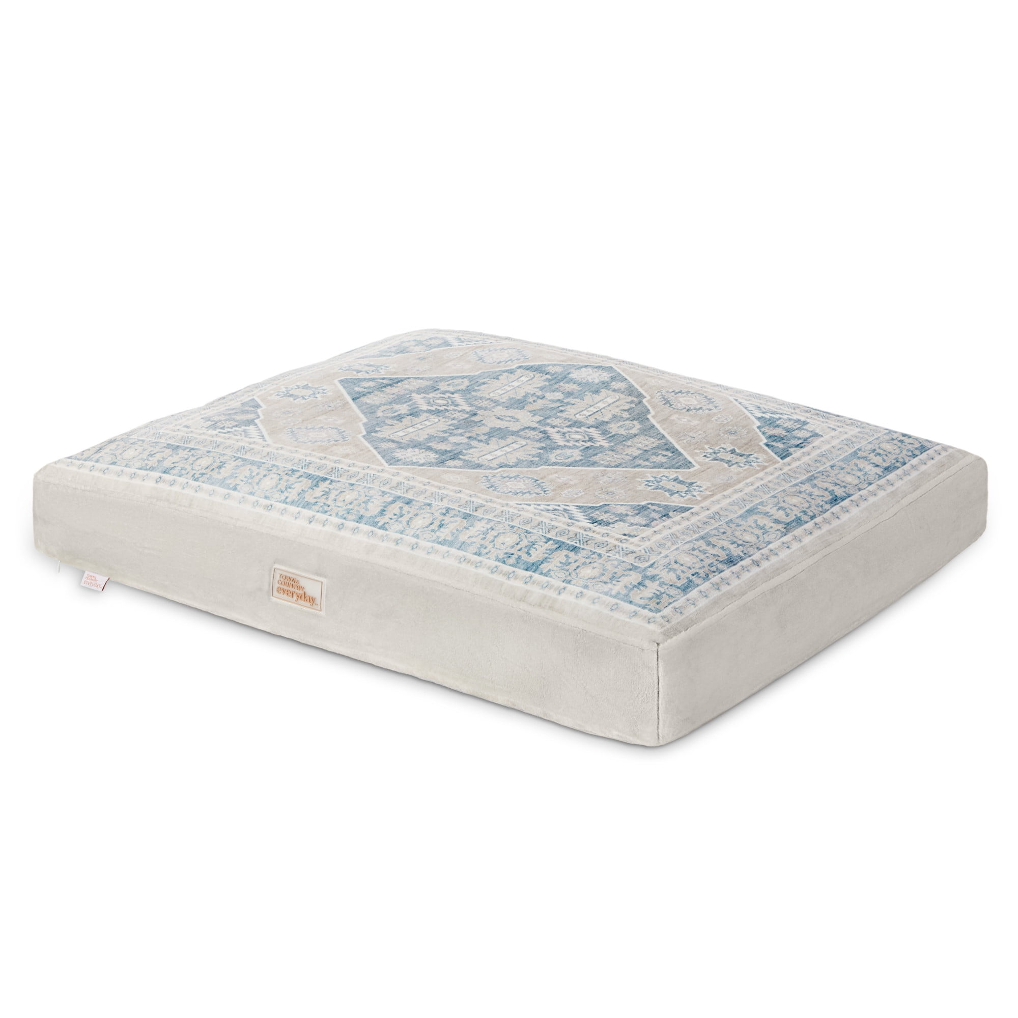 TOWN & COUNTRY EVERYDAY CuddleTown Medallion Everwash® Pillow Pet Bed, Water Repellent Floor Pillow, Machine Washable Cover, Soft & Calming, Blue/Greige, Large 44"x34"x4"