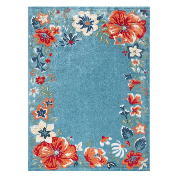 TOWN & COUNTRY EVERYDAY Hibiscus Bloom Border Modern Floral Indoor Outdoor Area Rug, UV Fade Resistant, High-Low Pile, Light Blue/Red/Ivory, 3'11"x5'2"