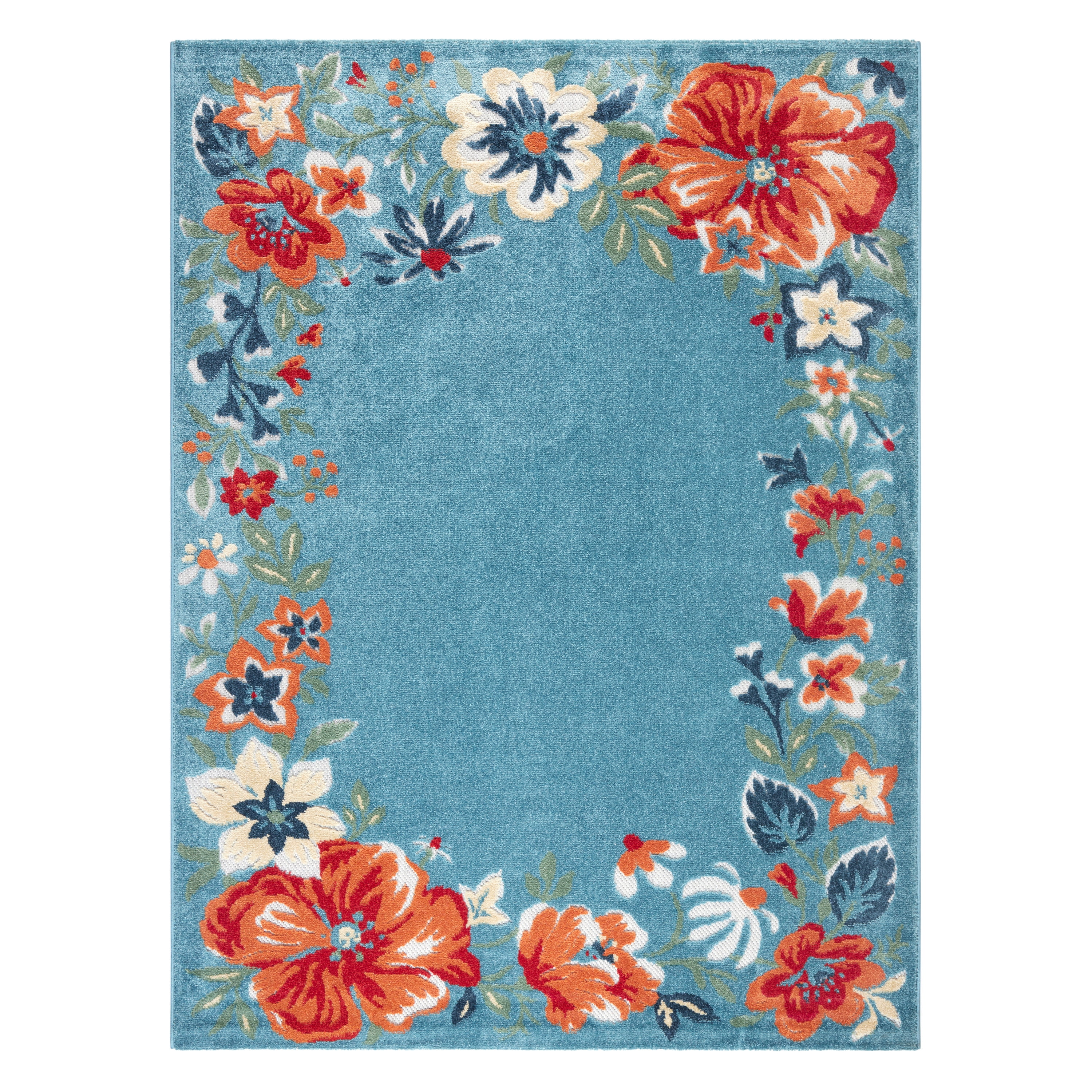 Hibiscus Bloom Light Blue Red Floral Indoor Outdoor Rug