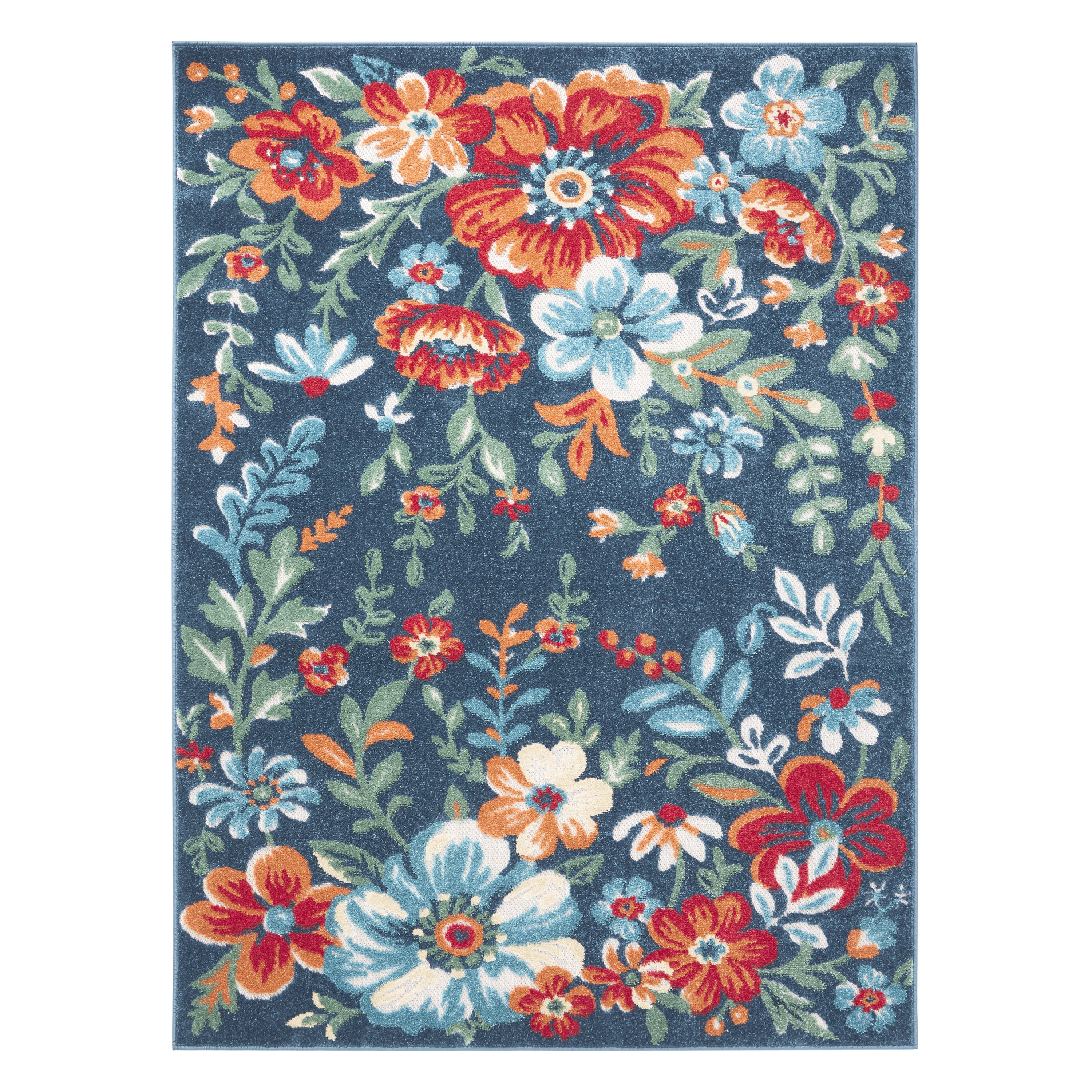 Hibiscus Bloom Blue Red Beige Floral Indoor Outdoor Area Rug