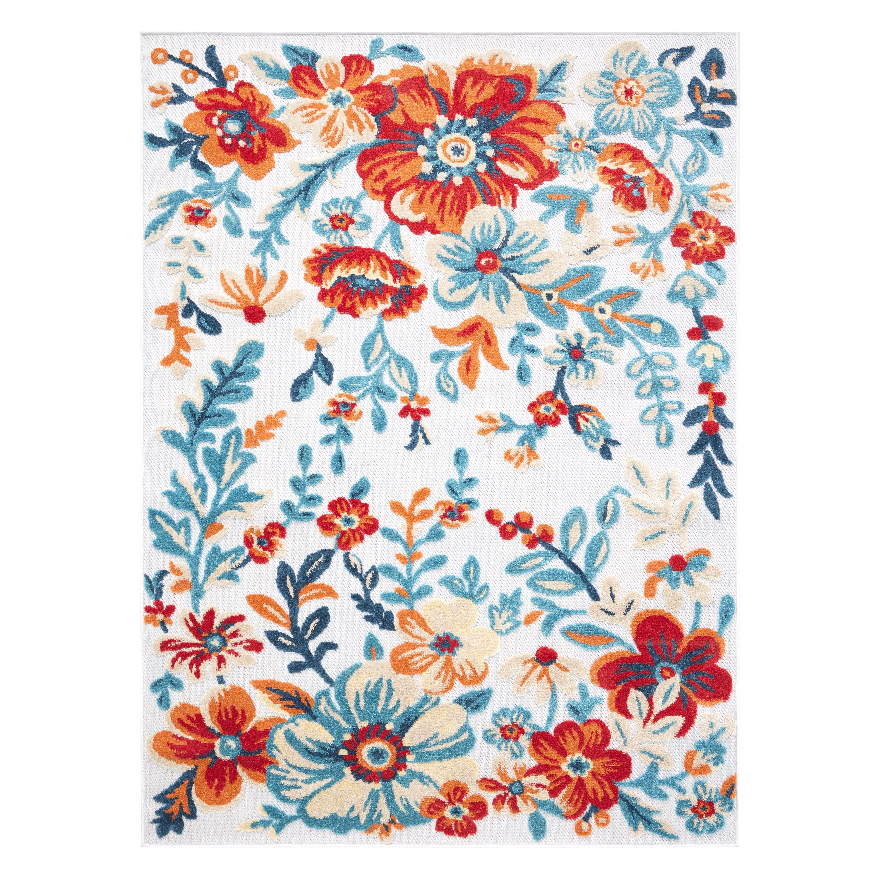 TOWN & COUNTRY EVERYDAY Hibiscus Bloom Modern Floral Indoor Outdoor Area Rug, UV Fade Resistant, High-Low Pile, Ivory/Red/Blue, 3'11"x5'2"