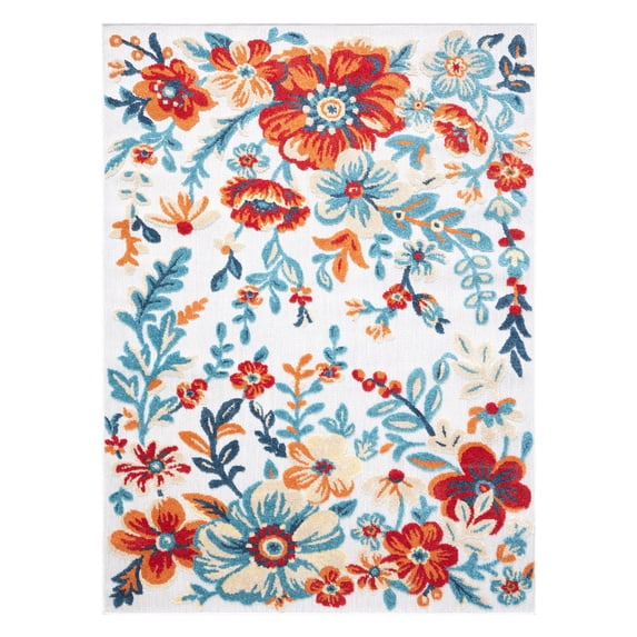 TOWN & COUNTRY EVERYDAY Hibiscus Bloom Modern Floral Indoor Outdoor Area Rug, UV Fade Resistant, High-Low Pile, Ivory/Red/Blue, 7'10"x10'2"