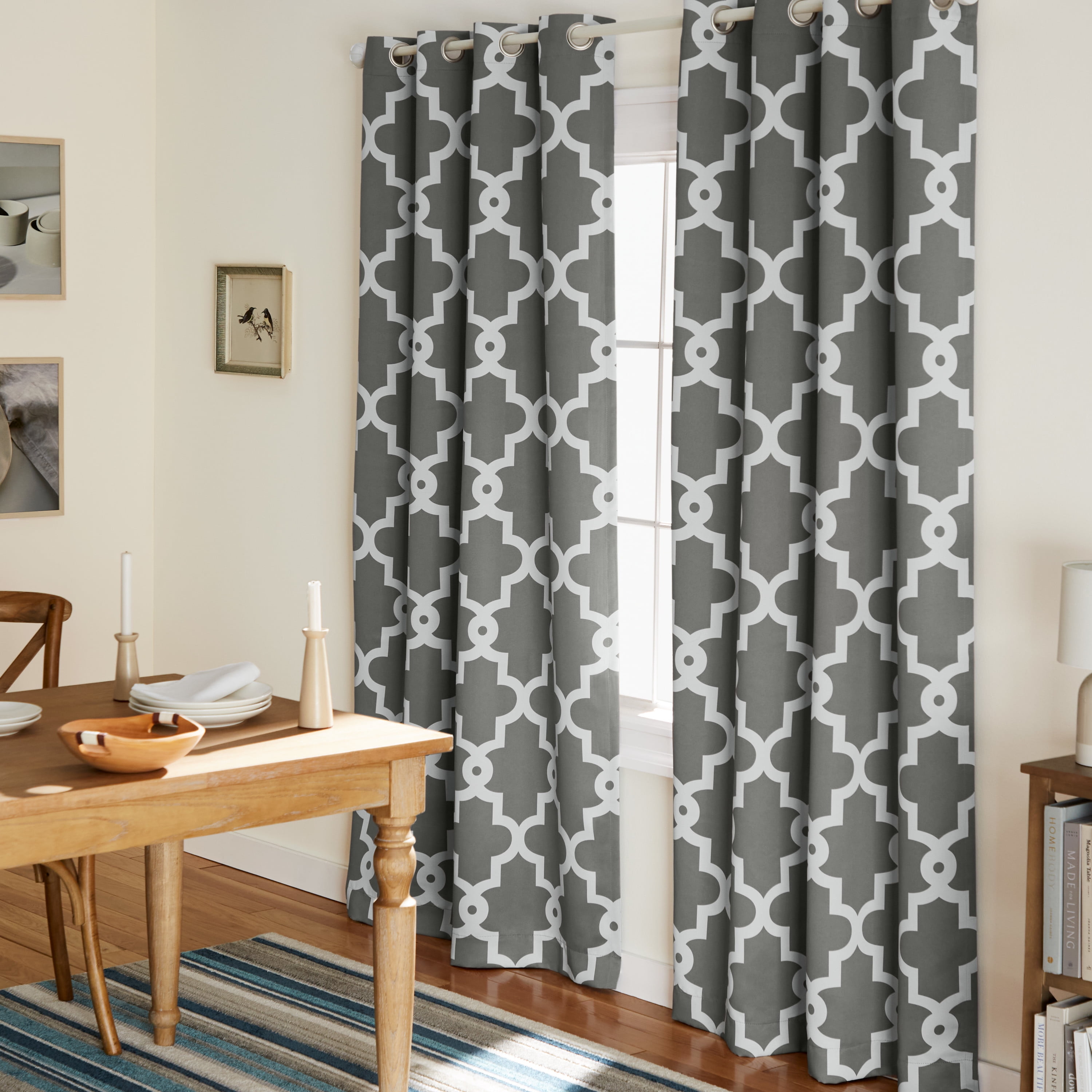 TOWN & COUNTRY EVERYDAY Ironwork Geo Trellis Sateen Indoor Curtains, Room Darkening Blackout, Grommet Top, Energy Efficient, 2-Pack Set, 52"x108", Black Pearl