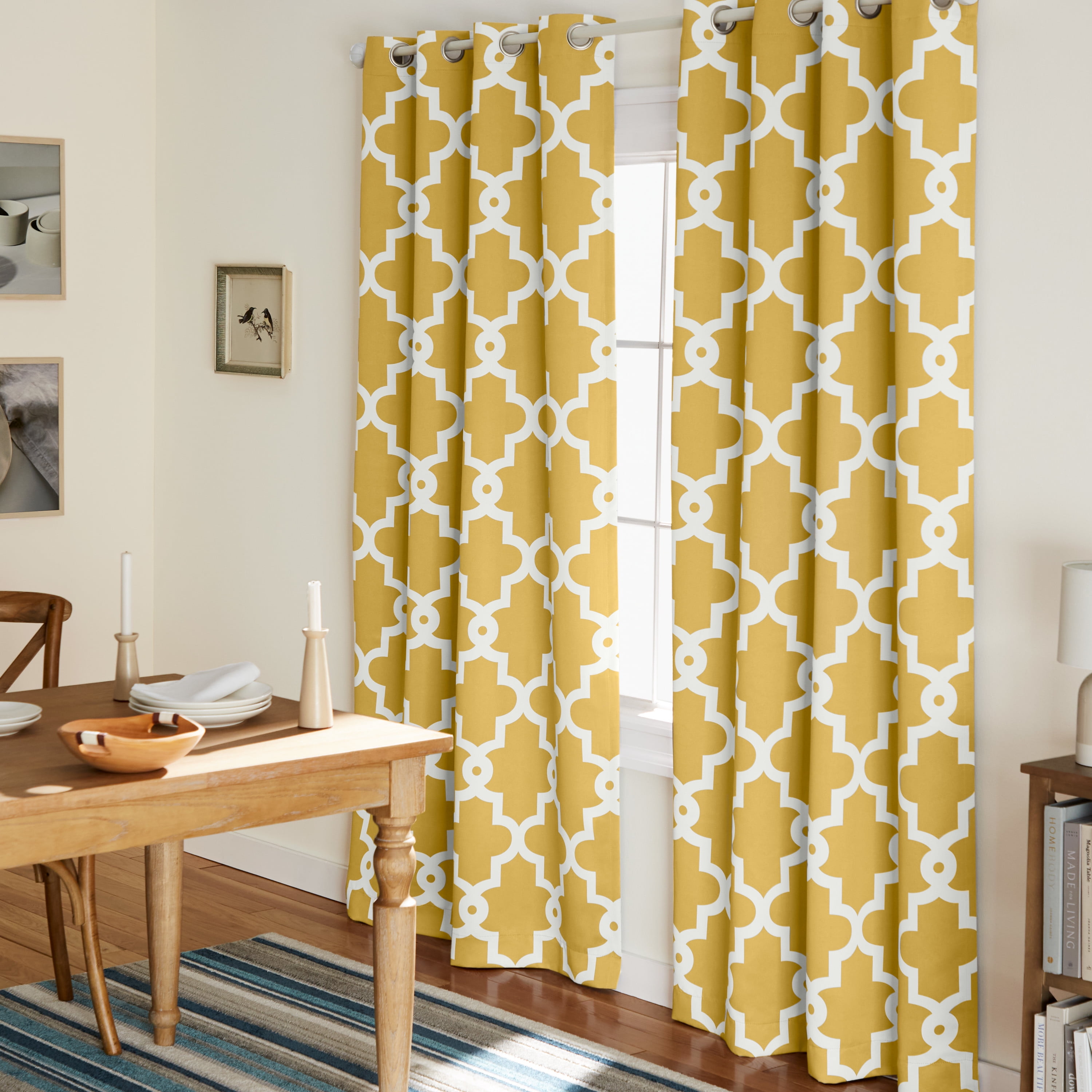 TOWN & COUNTRY EVERYDAY Ironwork Geo Trellis Sateen Indoor Curtains, Room Darkening Blackout, Grommet Top, Energy Efficient, 2-Pack Set, 52"x108", Sundress Yellow