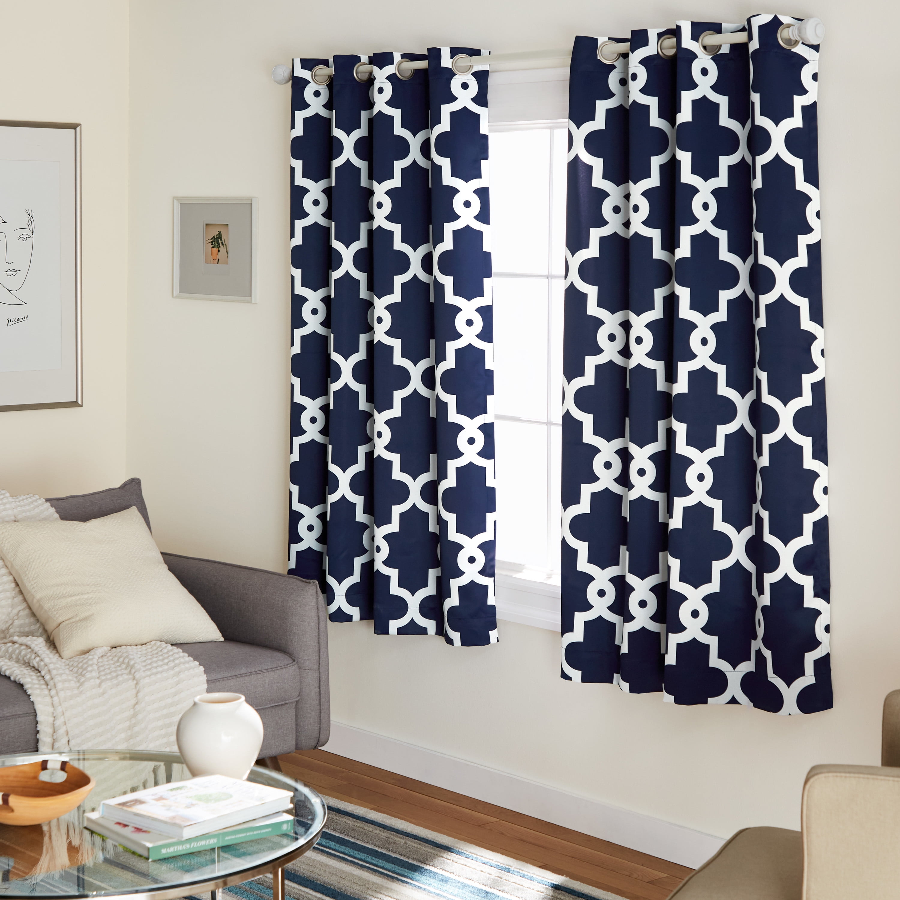 TOWN & COUNTRY EVERYDAY Ironwork Geo Trellis Sateen Indoor Curtains, Room Darkening Blackout, Grommet Top, Energy Efficient, 2-Pack Set, 52"x63", Peacoat Blue