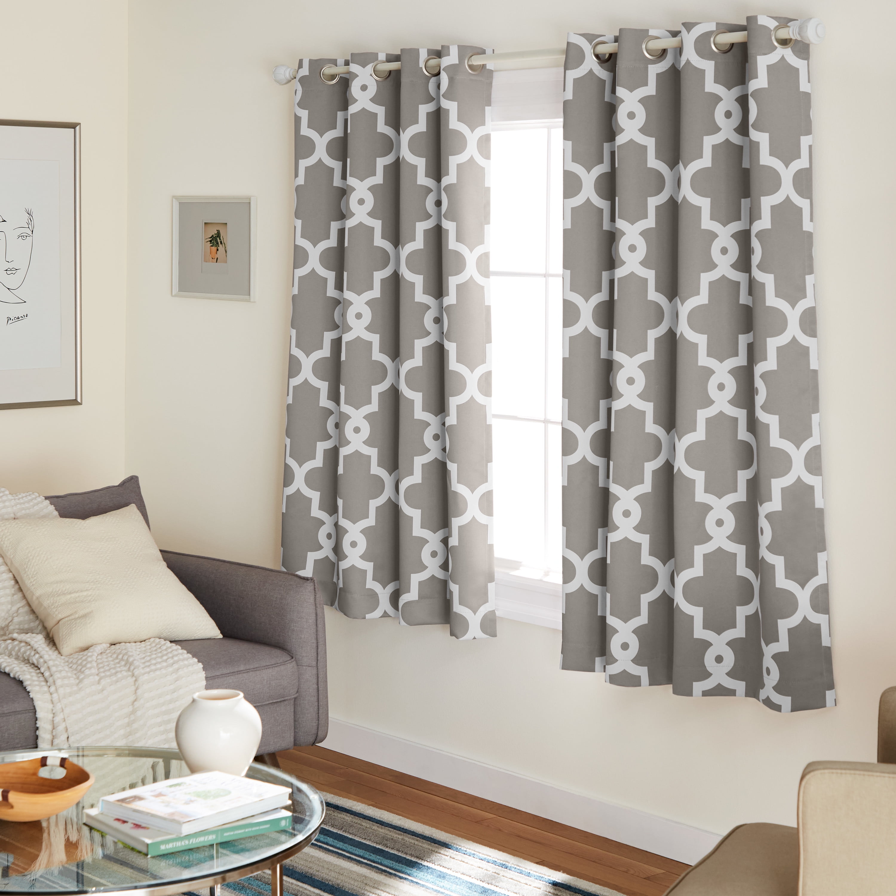 TOWN & COUNTRY EVERYDAY Ironwork Geo Trellis Sateen Indoor Curtains, Room Darkening Blackout, Grommet Top, Energy Efficient, 2-Pack Set, 52"x63", Silver