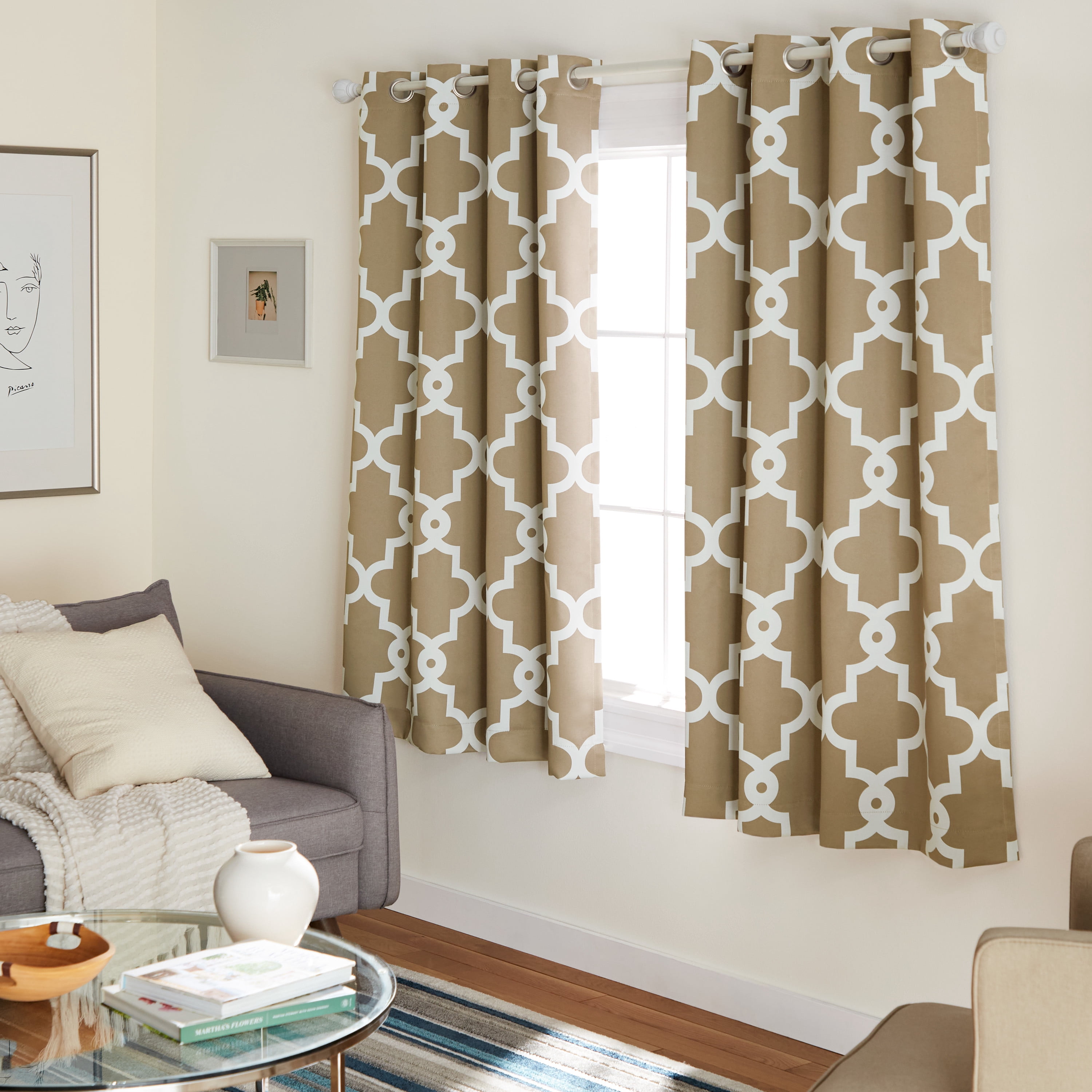 TOWN & COUNTRY EVERYDAY Ironwork Geo Trellis Sateen Indoor Curtains, Room Darkening Blackout, Grommet Top, Energy Efficient, 2-Pack Set, 52"x63", Taupe