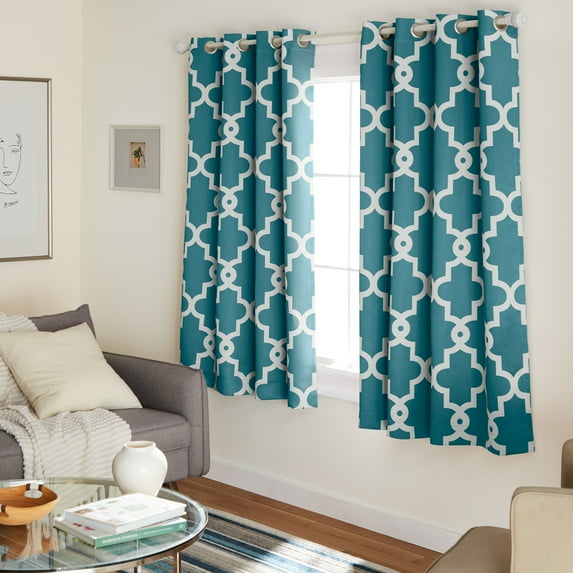 TOWN & COUNTRY EVERYDAY Ironwork Geo Trellis Sateen Indoor Curtains, Room Darkening Blackout, Grommet Top, Energy Efficient, 2-Pack Set, 52"x63", Teal